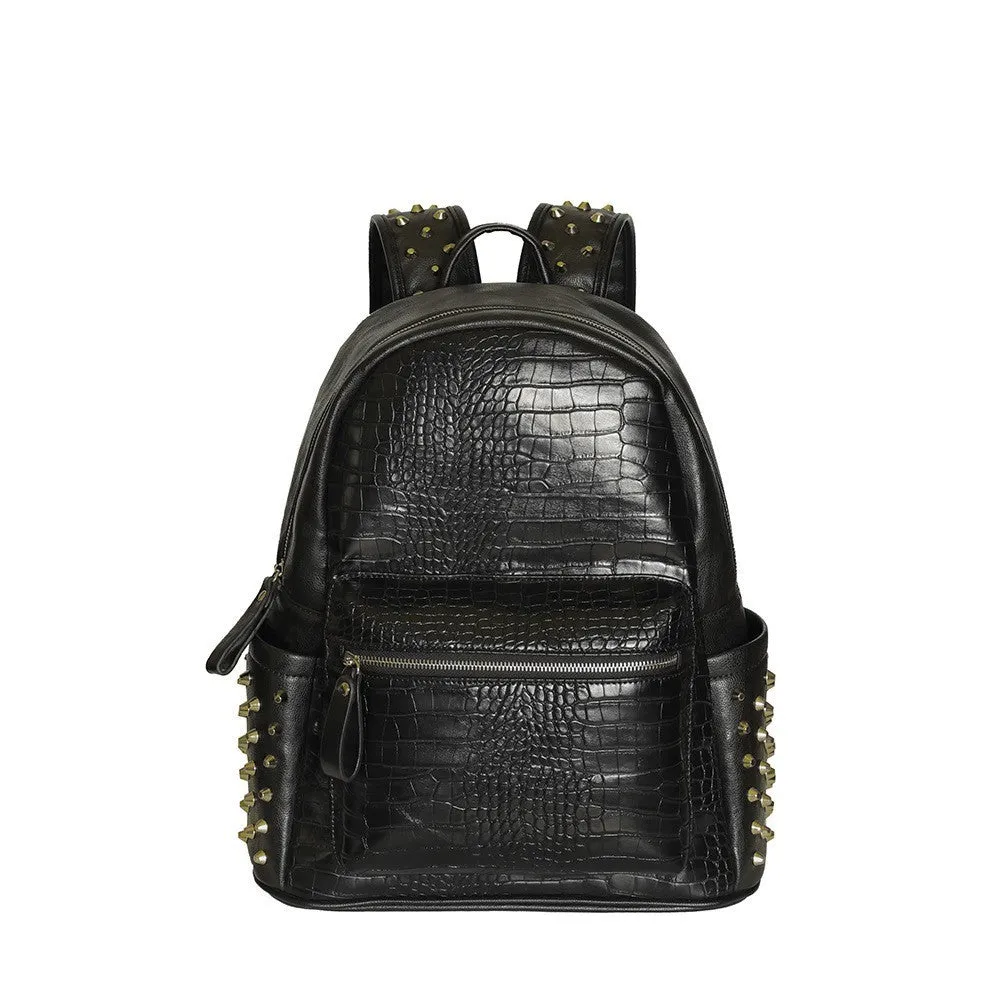 Black oil wax leather waterproof computer schoolbag with rivets, showing large 36-55L capacity.
