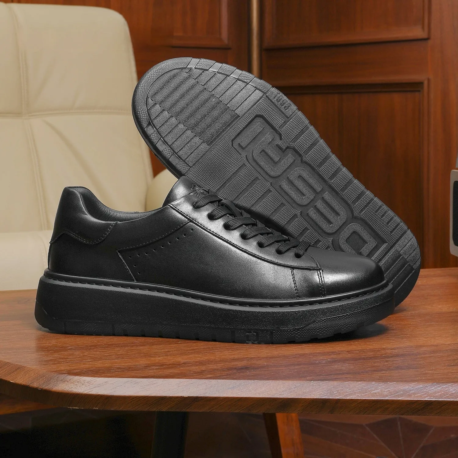 Men's breathable casual sneakers in first layer cow leather, solid white colour, flat heel design, sizes 37 to 45