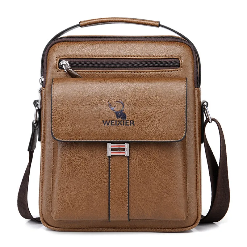 Men’s PU leather crossbody shoulder bag in solid colour with visible sewing line, waterproof for business travel
