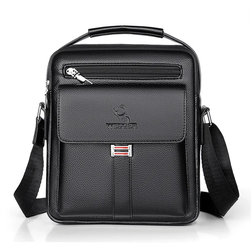 Men’s PU leather crossbody shoulder bag in solid colour with visible sewing line, waterproof for business travel
