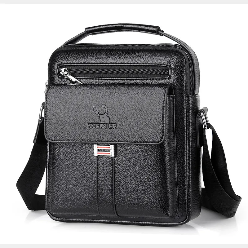 Men’s PU leather crossbody shoulder bag in solid colour with visible sewing line, waterproof for business travel