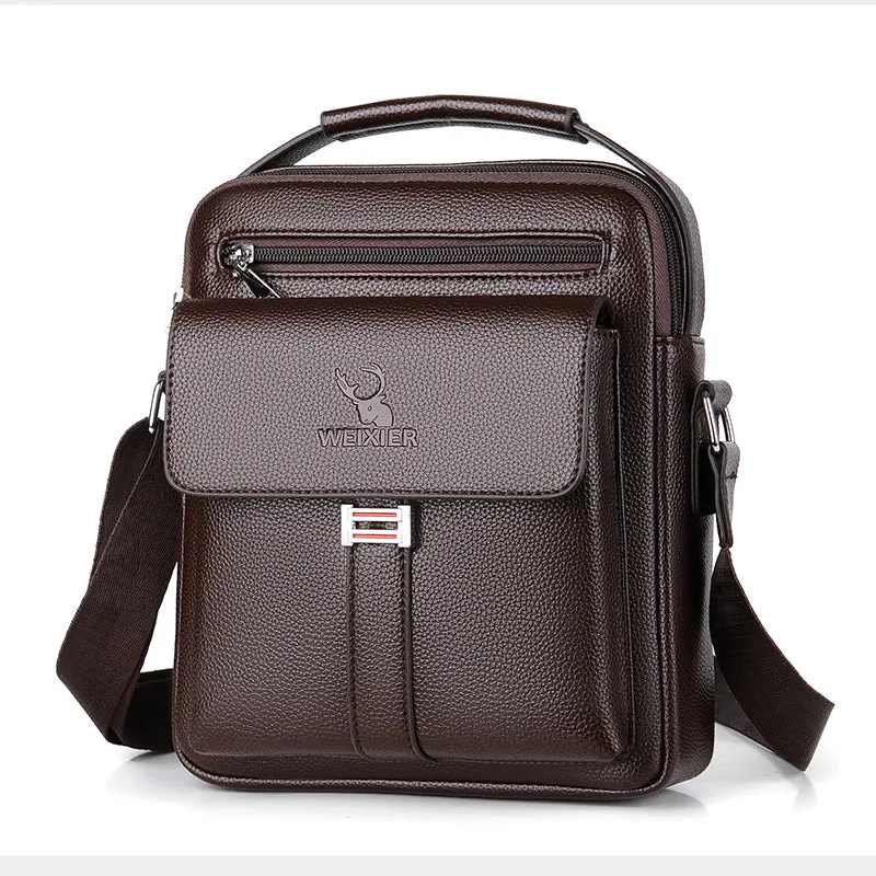 Men’s PU leather crossbody shoulder bag in solid colour with visible sewing line, waterproof for business travel