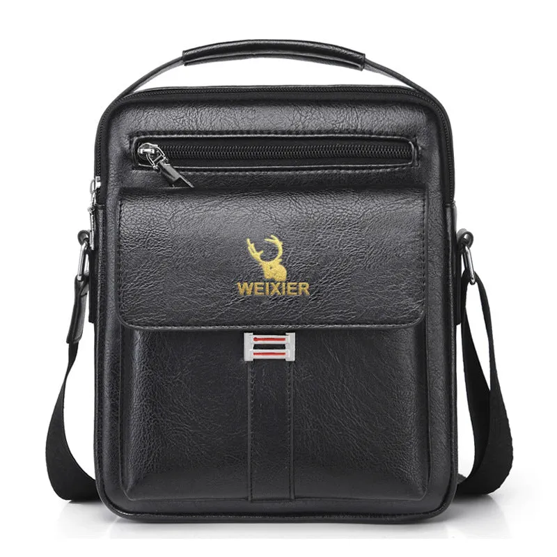 Men’s PU leather crossbody shoulder bag in solid colour with visible sewing line, waterproof for business travel