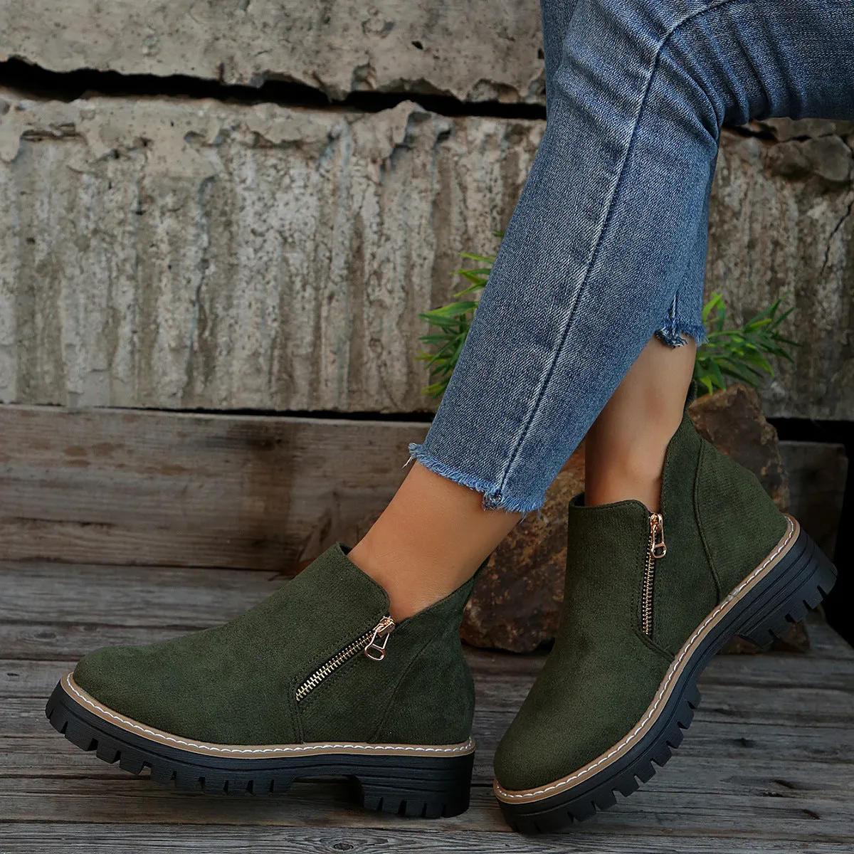 Suede ankle boots with side zipper, chunky heel, round toe, low tube, solid colour women's footwear