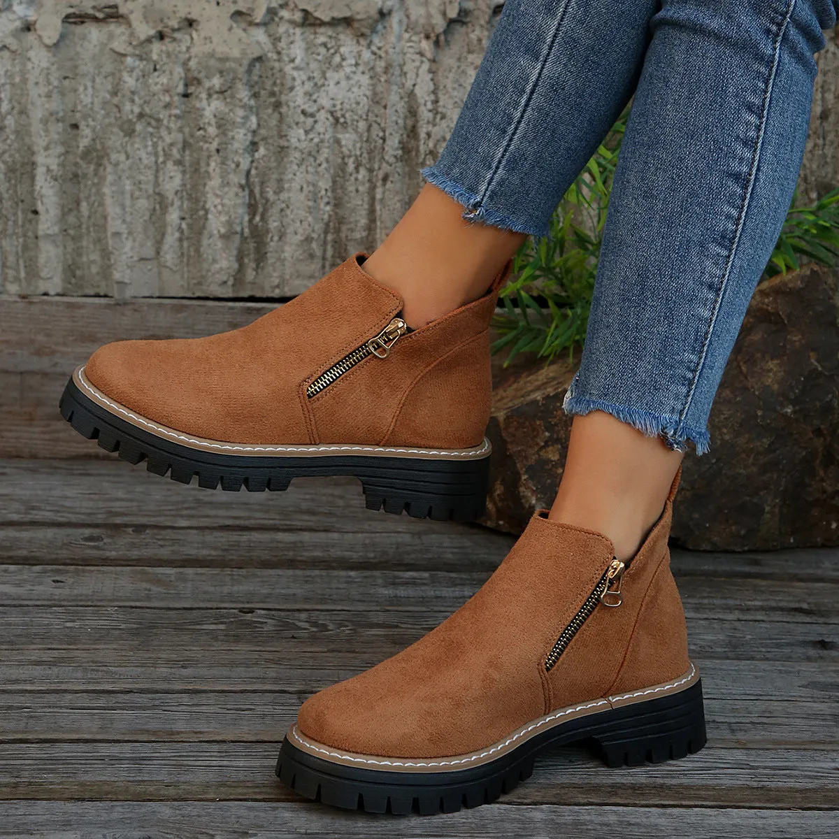 Suede ankle boots with side zipper, chunky heel, round toe, low tube, solid colour women's footwear