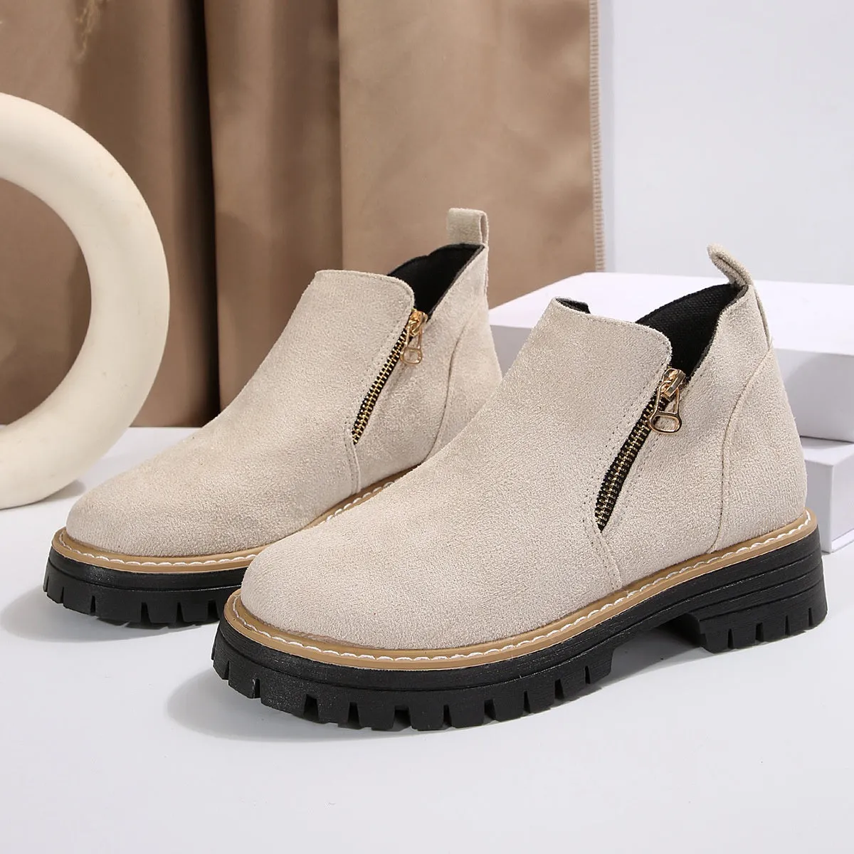 Suede ankle boots with side zipper, chunky heel, round toe, low tube, solid colour women's footwear