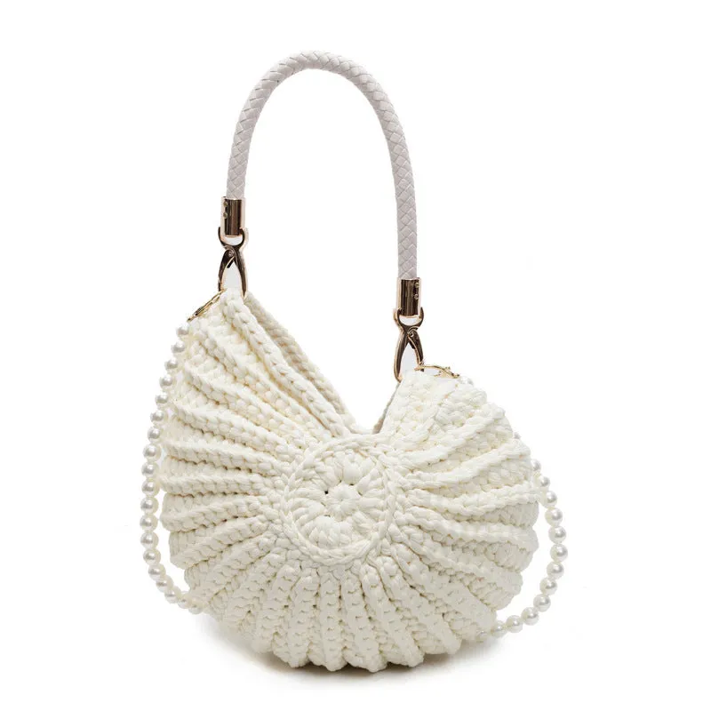 Handmade woven women's shoulder bag in retro style with cloth exterior and open pocket