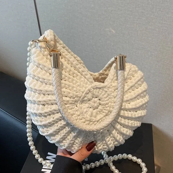 Handmade woven women's shoulder bag in retro style with cloth exterior and open pocket