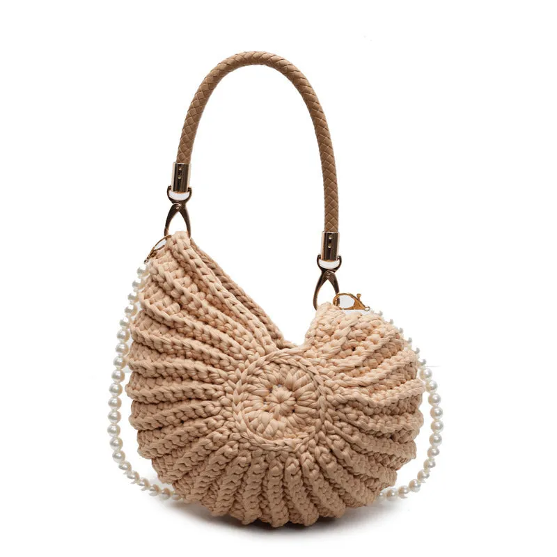 Handmade woven women's shoulder bag in retro style with cloth exterior and open pocket