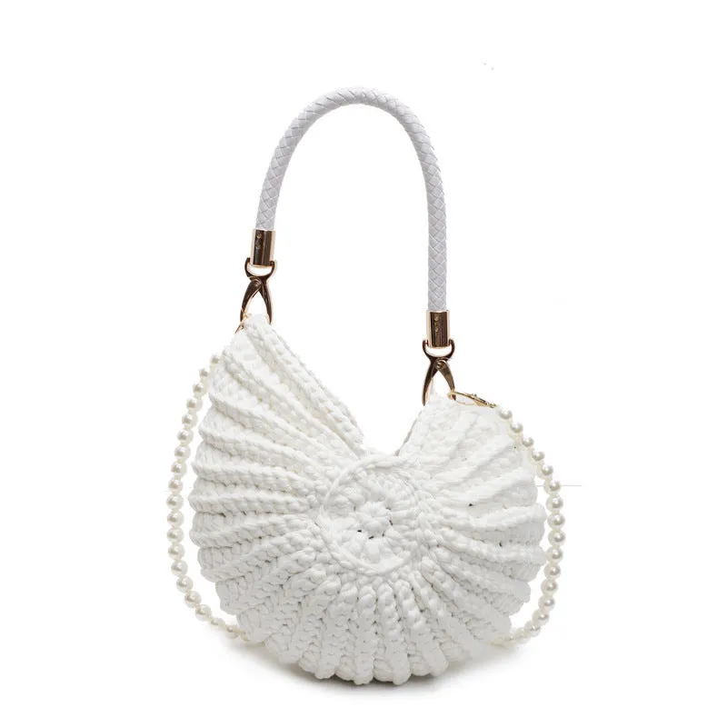 Handmade woven women's shoulder bag in retro style with cloth exterior and open pocket