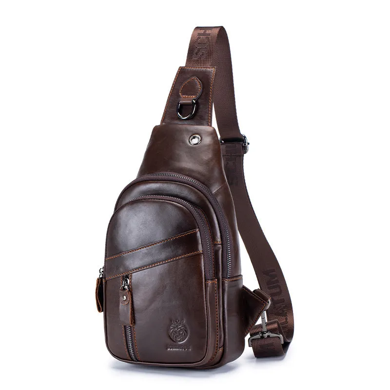 Men's retro messenger bag in brown solid colour first layer cowhide with sewing thread detailing