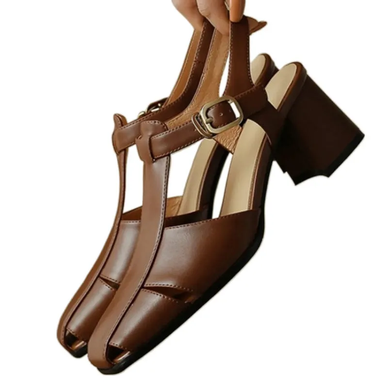 Hollow Retro Closed Toe Chunky Heel Sandals for Women in Dark Brown and Black, Sizes 35-40, Princess Style, Rubber and Leather Construction, Ideal for Everyday and Event Wear