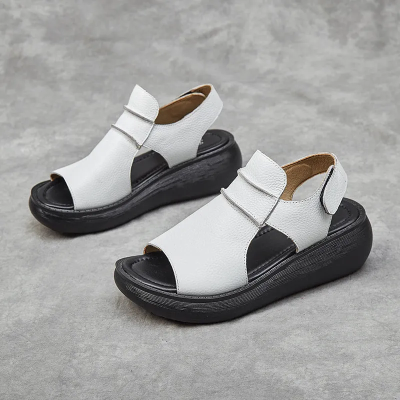 Peep toe women's casual sandals in cowhide leather with raised bottom sole, fish mouth toe, low top, black colour