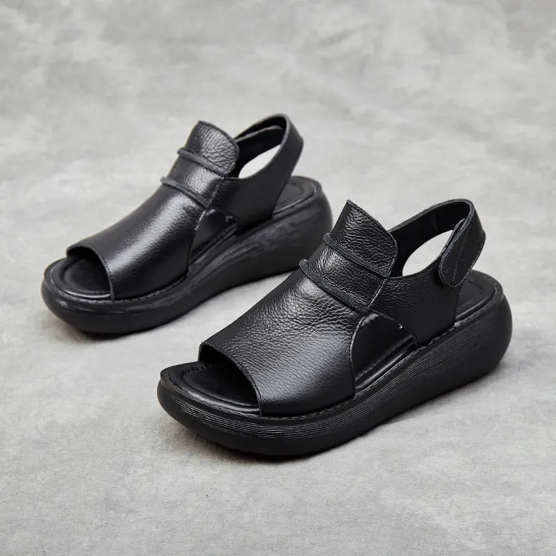 Peep toe women's casual sandals in cowhide leather with raised bottom sole, fish mouth toe, low top, black colour