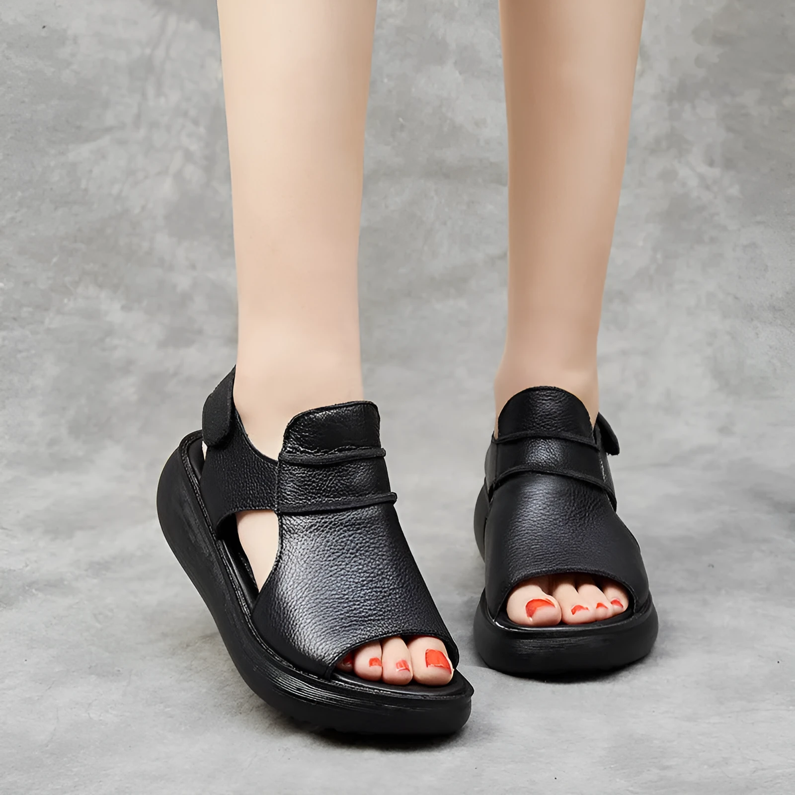 Peep toe women's casual sandals in cowhide leather with raised bottom sole, fish mouth toe, low top, black colour