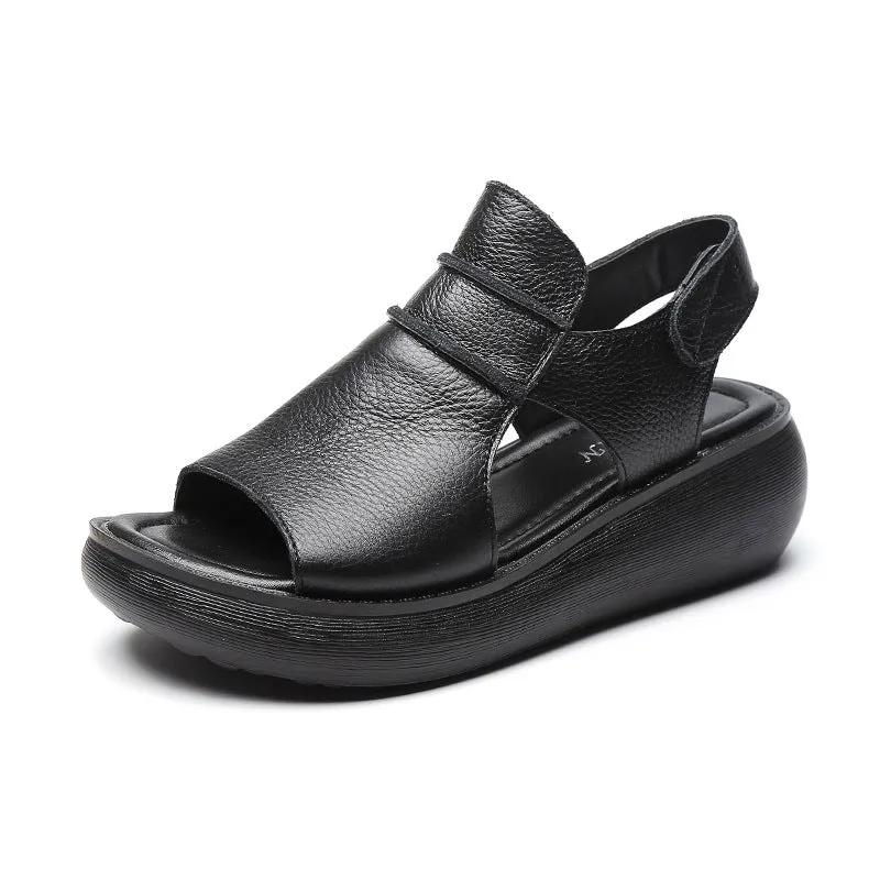Peep toe women's casual sandals in cowhide leather with raised bottom sole, fish mouth toe, low top, black colour