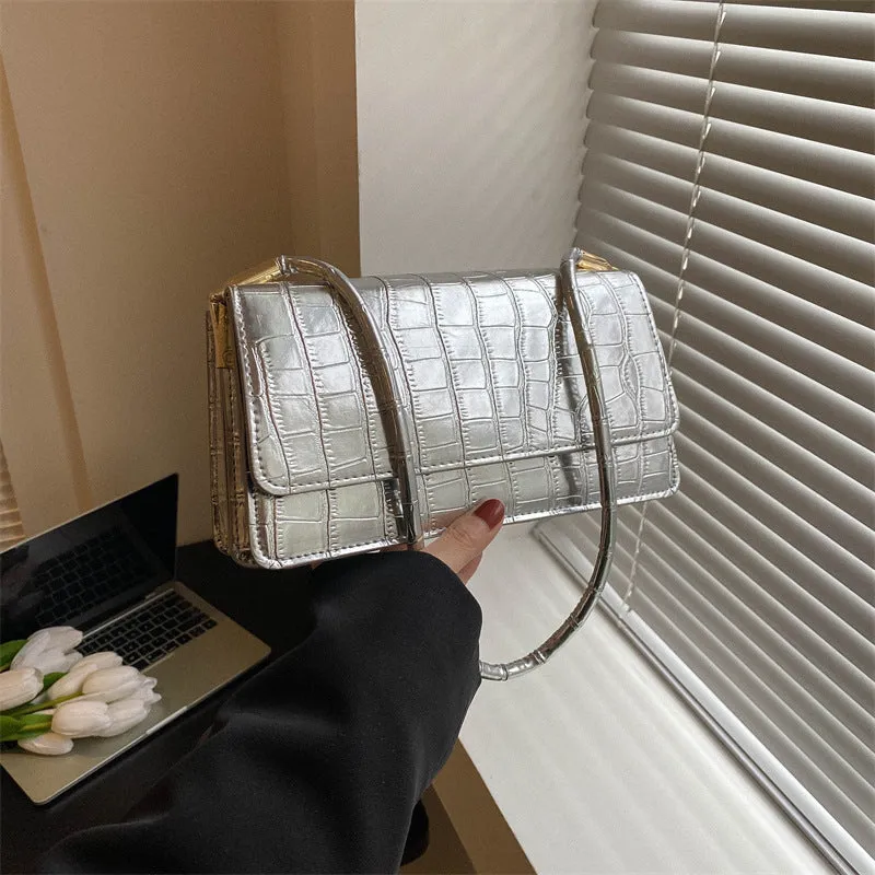 Small portable shoulder messenger bag in hard box shape with stone pattern finish