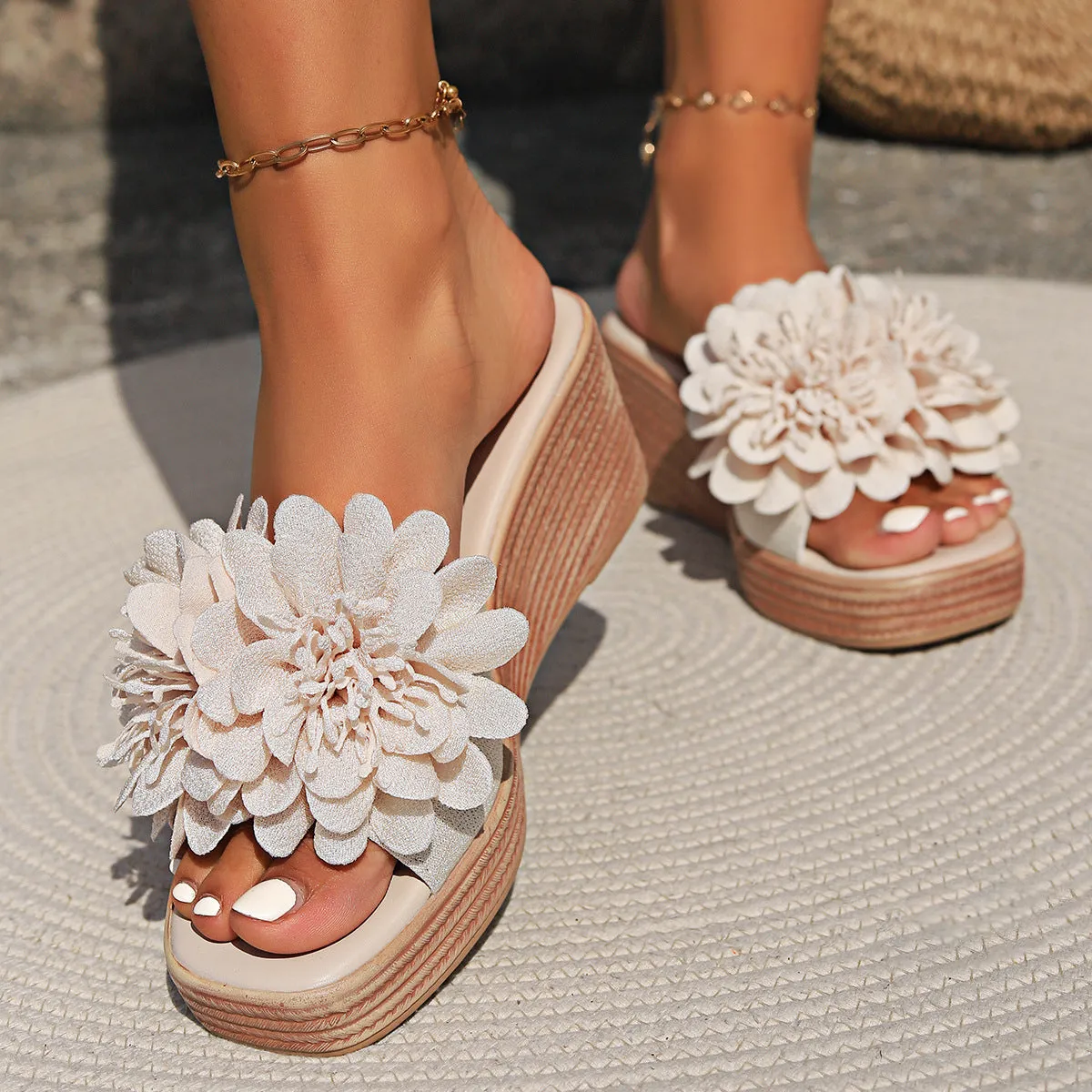 Women's flower design wedge sandals with PU upper, fish mouth toe, and rubber sole in white