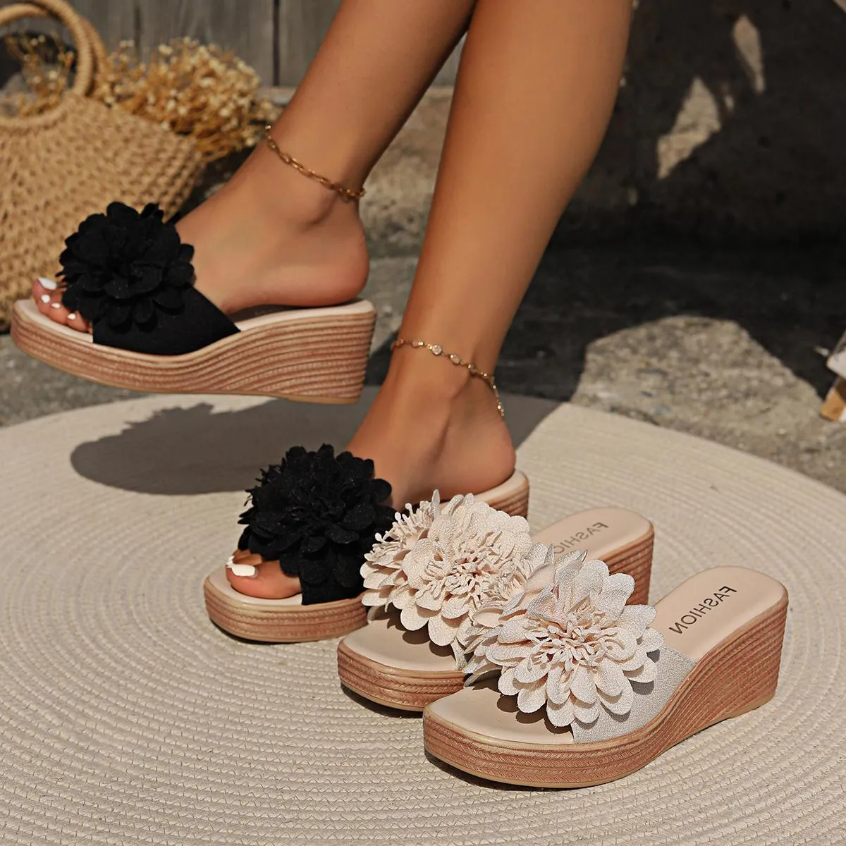 Women's flower design wedge sandals with PU upper, fish mouth toe, and rubber sole in white