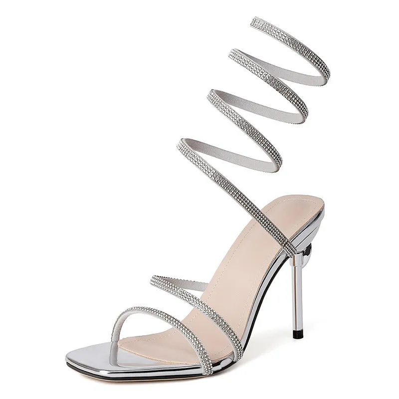 Rhinestone snake-shaped winding tape hollow stiletto heel sandals for women, square toe, PU upper, black colour