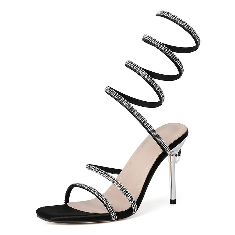 Rhinestone snake-shaped winding tape hollow stiletto heel sandals for women, square toe, PU upper, black colour