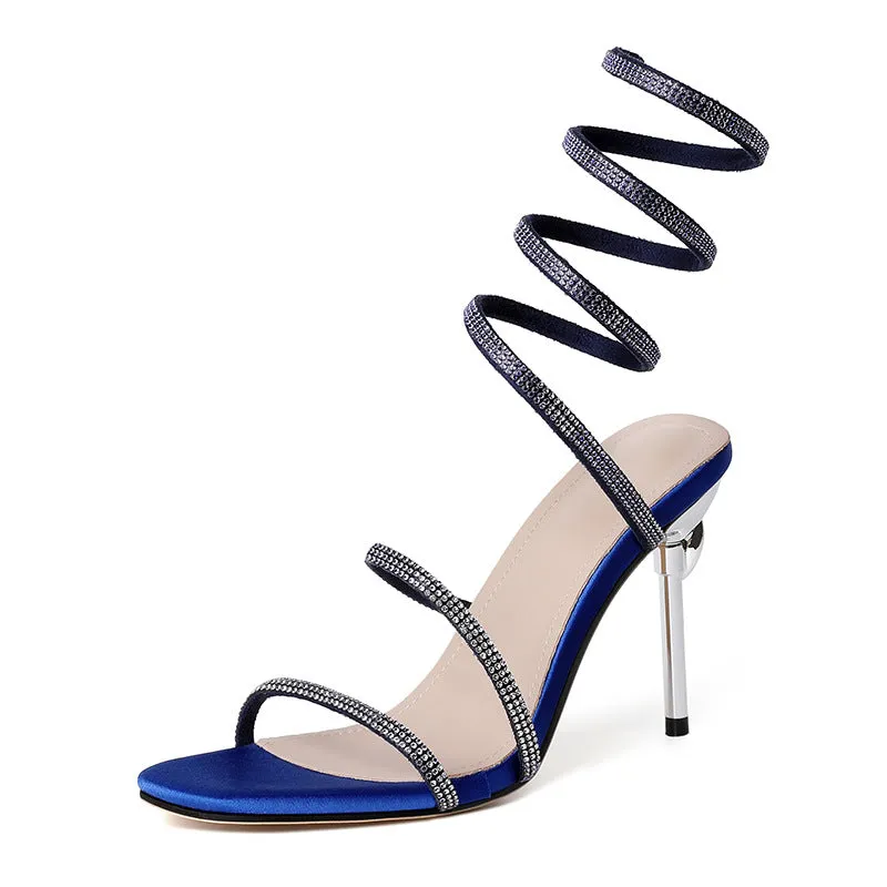 Rhinestone snake-shaped winding tape hollow stiletto heel sandals for women, square toe, PU upper, black colour