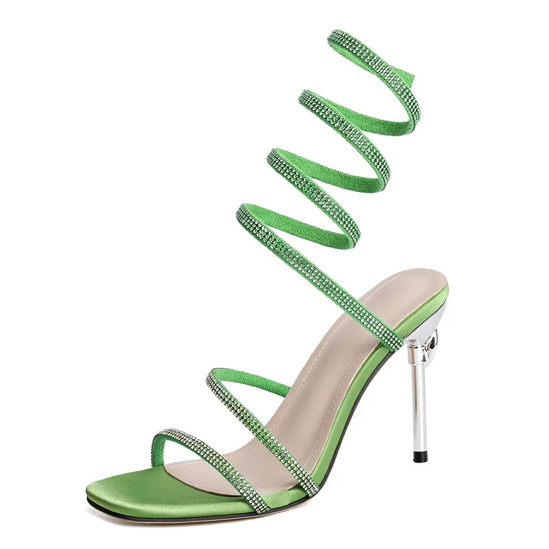 Rhinestone snake-shaped winding tape hollow stiletto heel sandals for women, square toe, PU upper, black colour