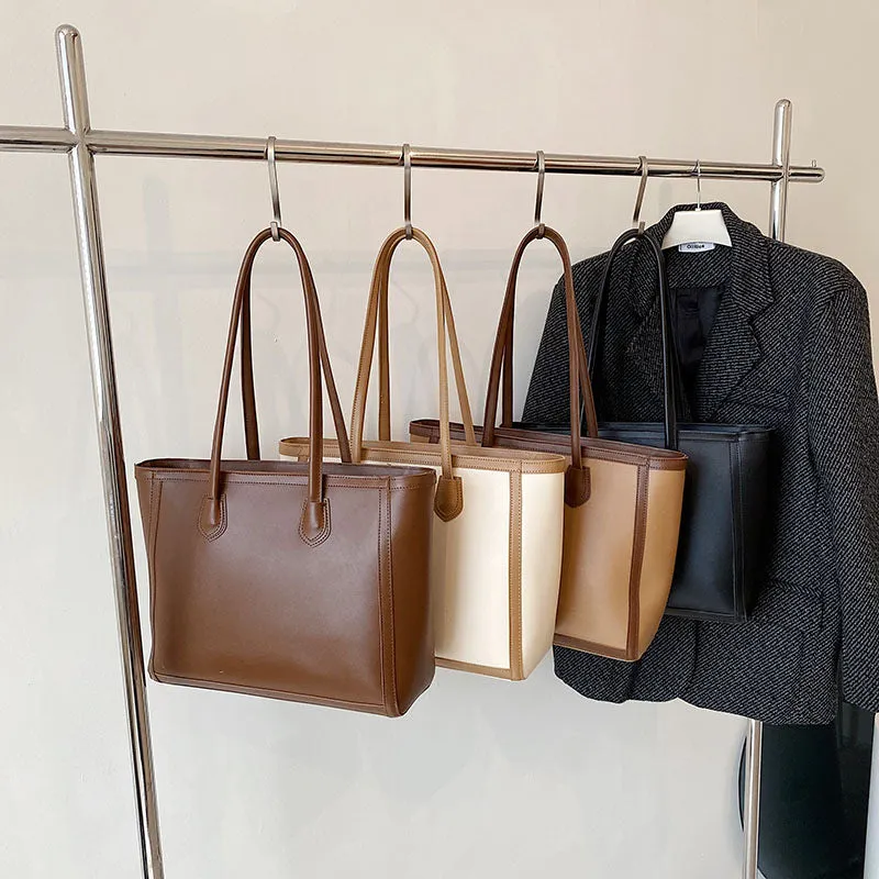 Horizontal square PU tote shoulder bag in khaki colour with smooth finish