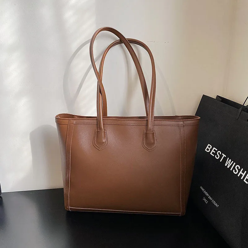 Horizontal square PU tote shoulder bag in khaki colour with smooth finish