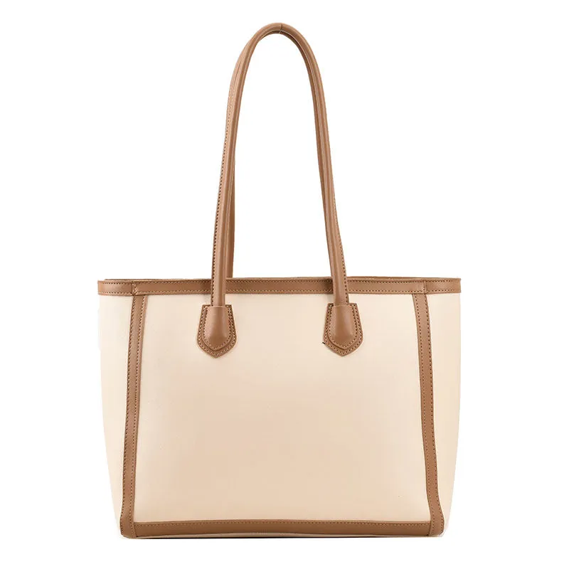 Horizontal square PU tote shoulder bag in khaki colour with smooth finish