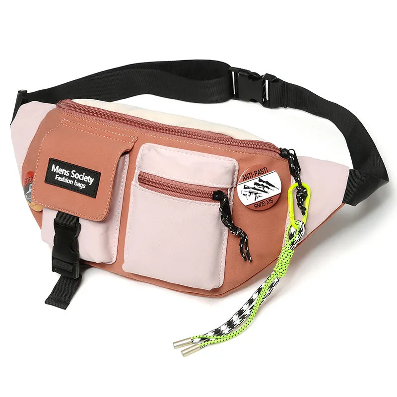 Men's casual crossbody sports canvas waist bag in black ribbon green lanyard with sewing thread detail