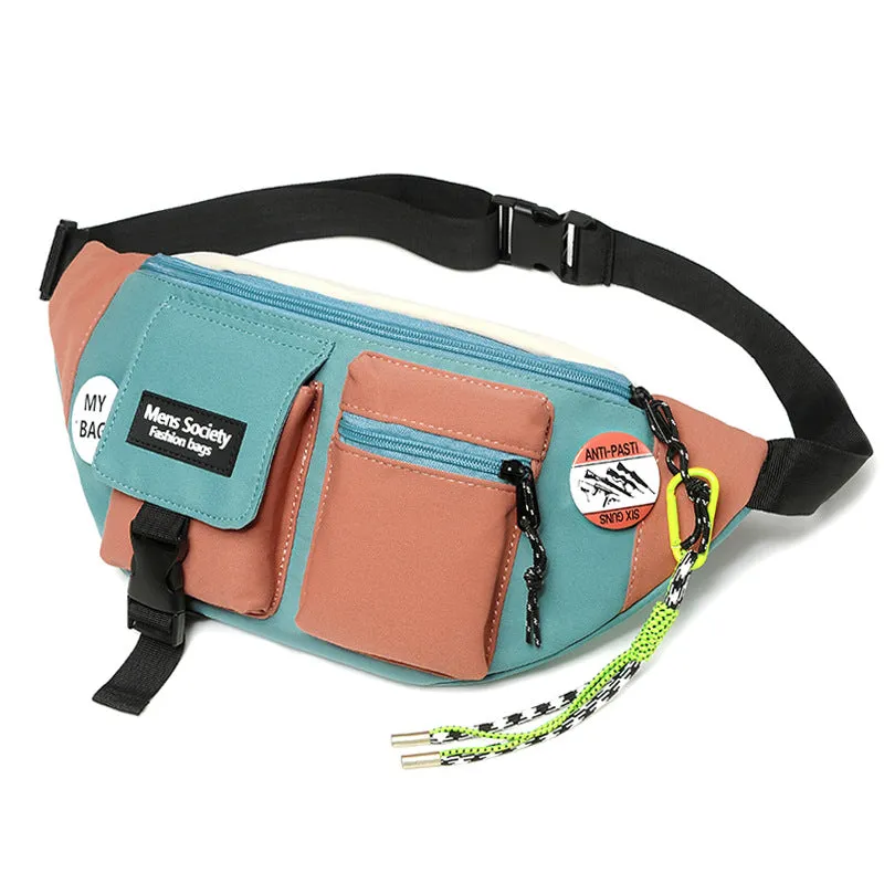 Men's casual crossbody sports canvas waist bag in black ribbon green lanyard with sewing thread detail