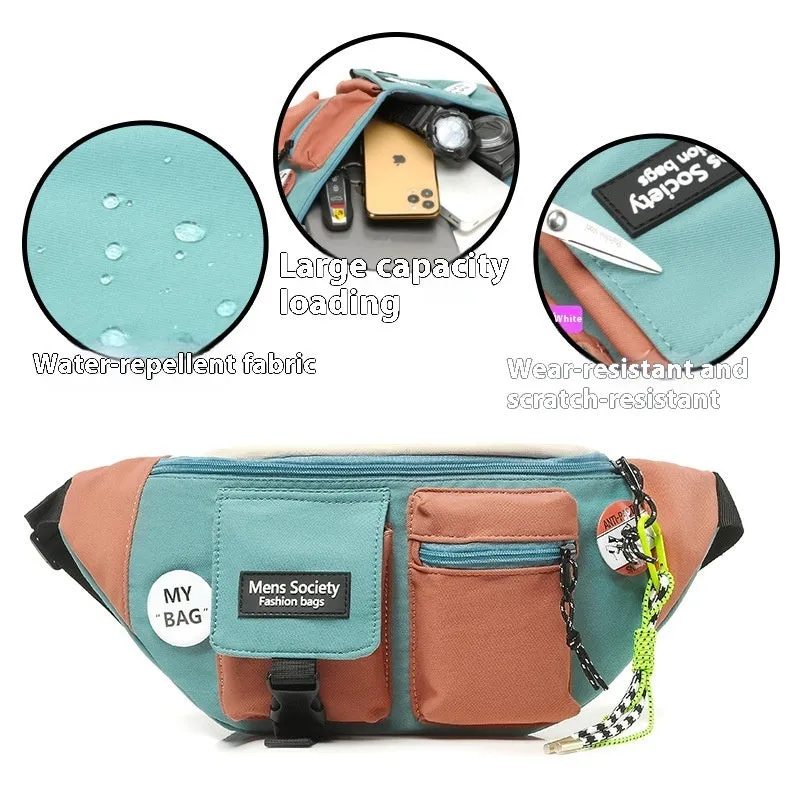 Men's casual crossbody sports canvas waist bag in black ribbon green lanyard with sewing thread detail