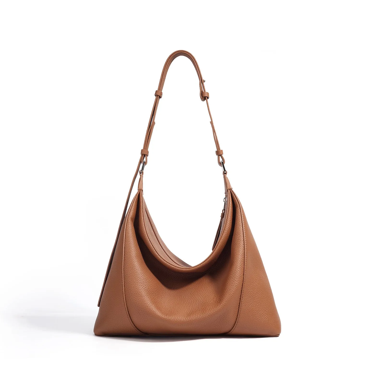 First layer cowhide soft leather shoulder bag in beige with pillow shape and open outer pocket