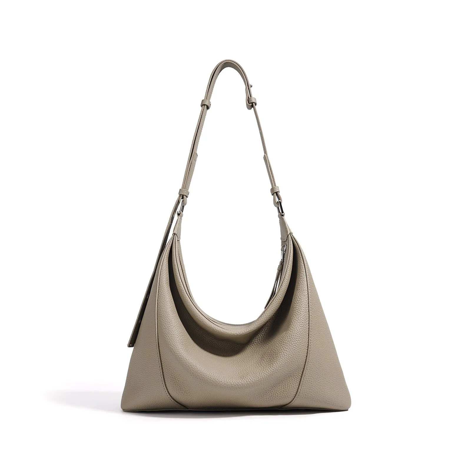 First layer cowhide soft leather shoulder bag in beige with pillow shape and open outer pocket