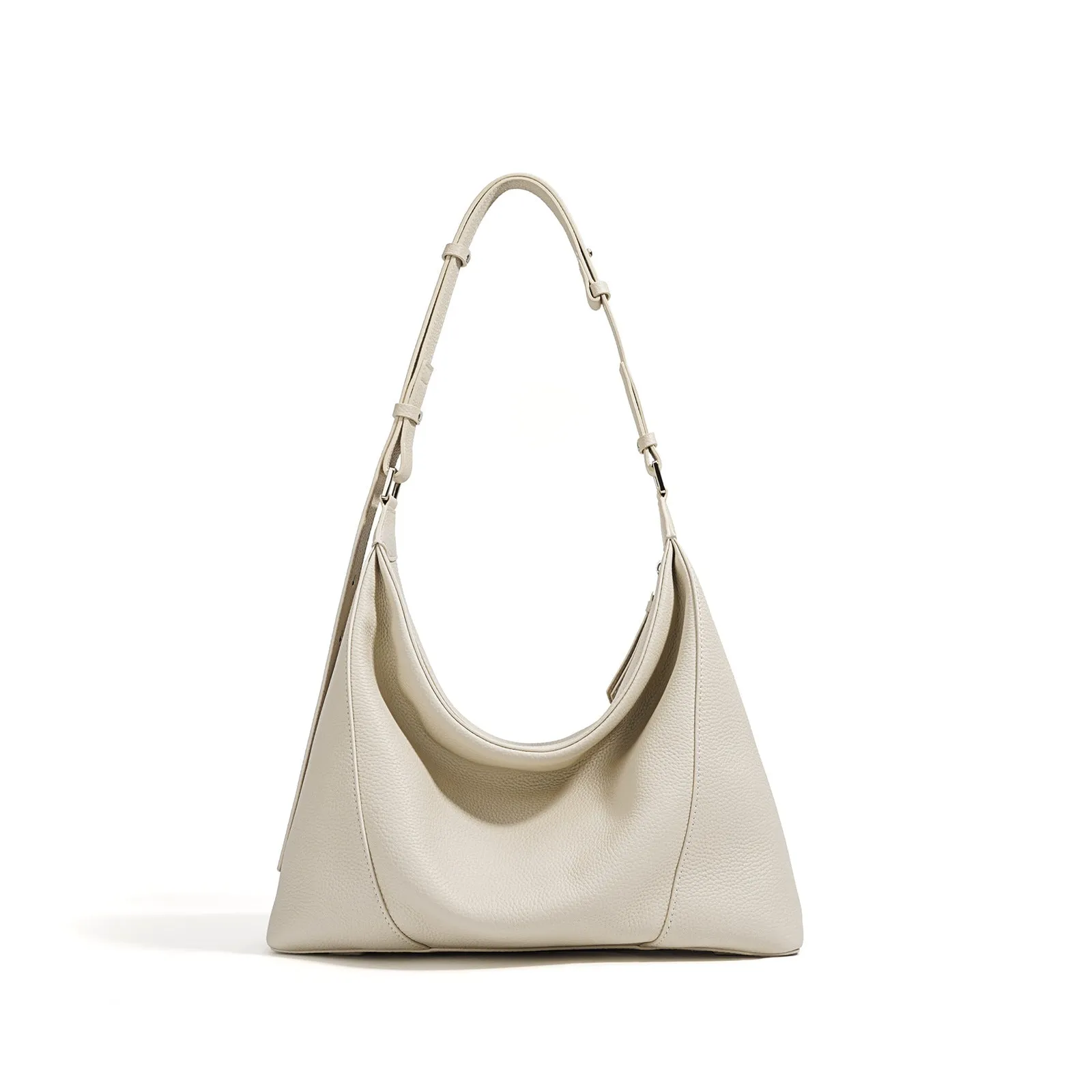 First layer cowhide soft leather shoulder bag in beige with pillow shape and open outer pocket