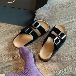Women's belt buckle half slippers in microfiber with rubber sole, round toe, colour black