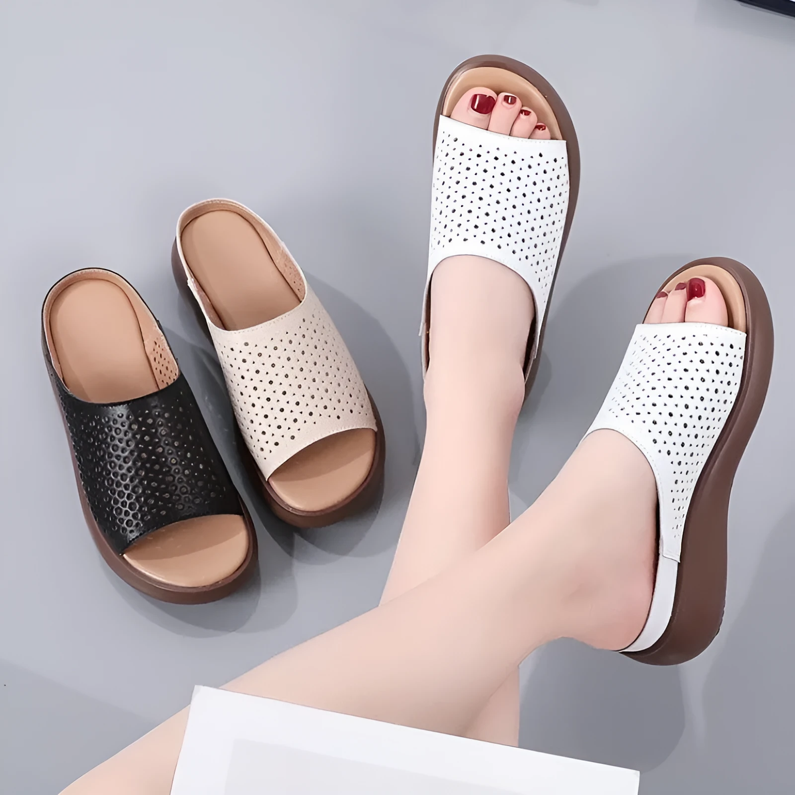 Women's peep toe rocking bottom platform heel slippers in beige with ethnic pattern, PU upper and rubber sole