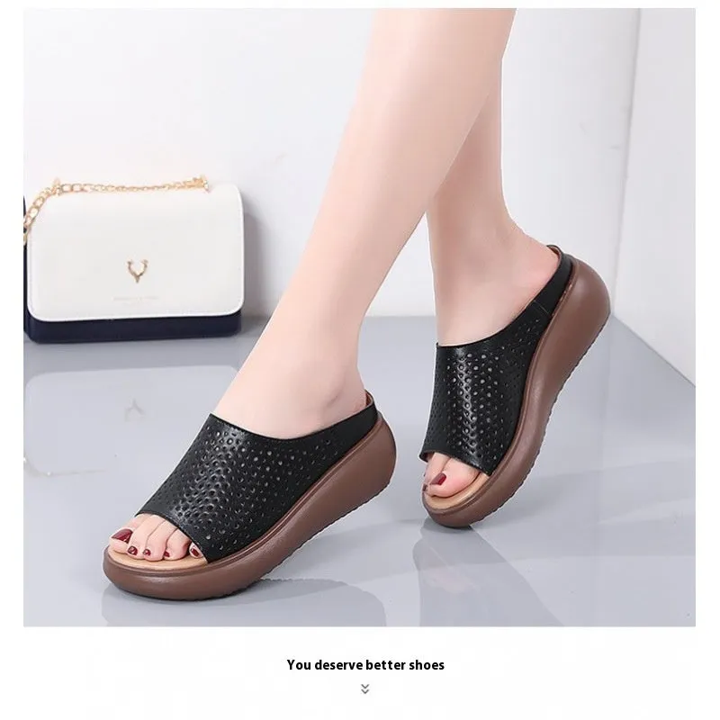 Women's peep toe rocking bottom platform heel slippers in beige with ethnic pattern, PU upper and rubber sole