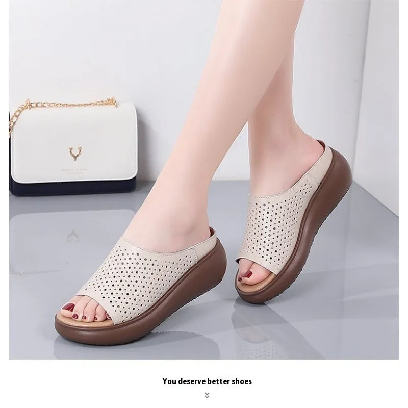 Women's peep toe rocking bottom platform heel slippers in beige with ethnic pattern, PU upper and rubber sole
