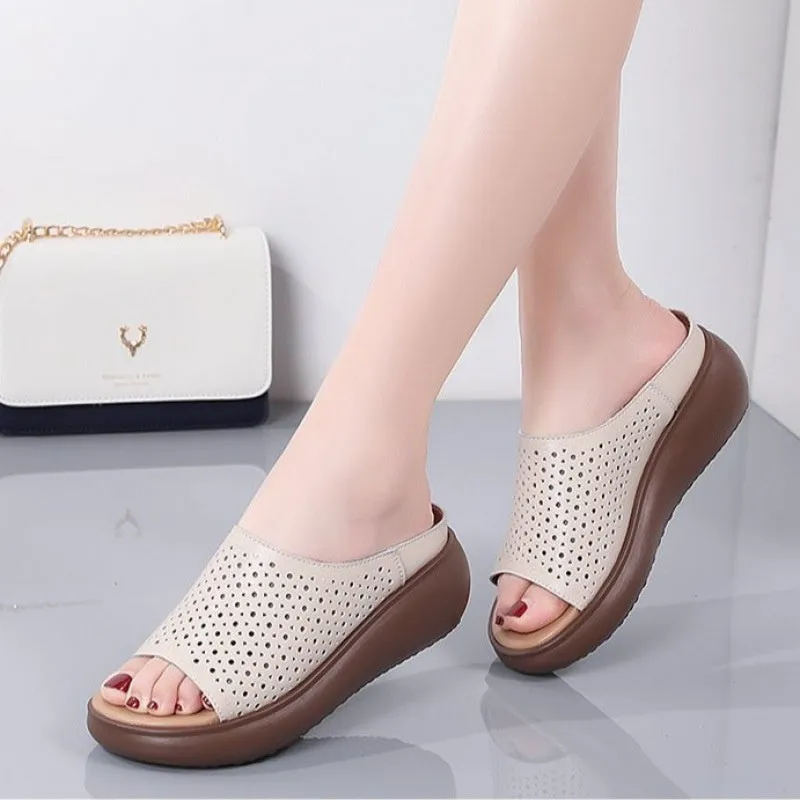 Women's peep toe rocking bottom platform heel slippers in beige with ethnic pattern, PU upper and rubber sole