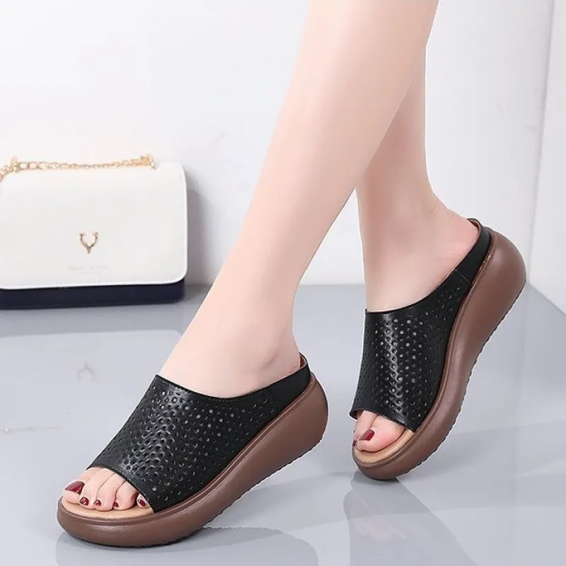 Women's peep toe rocking bottom platform heel slippers in beige with ethnic pattern, PU upper and rubber sole