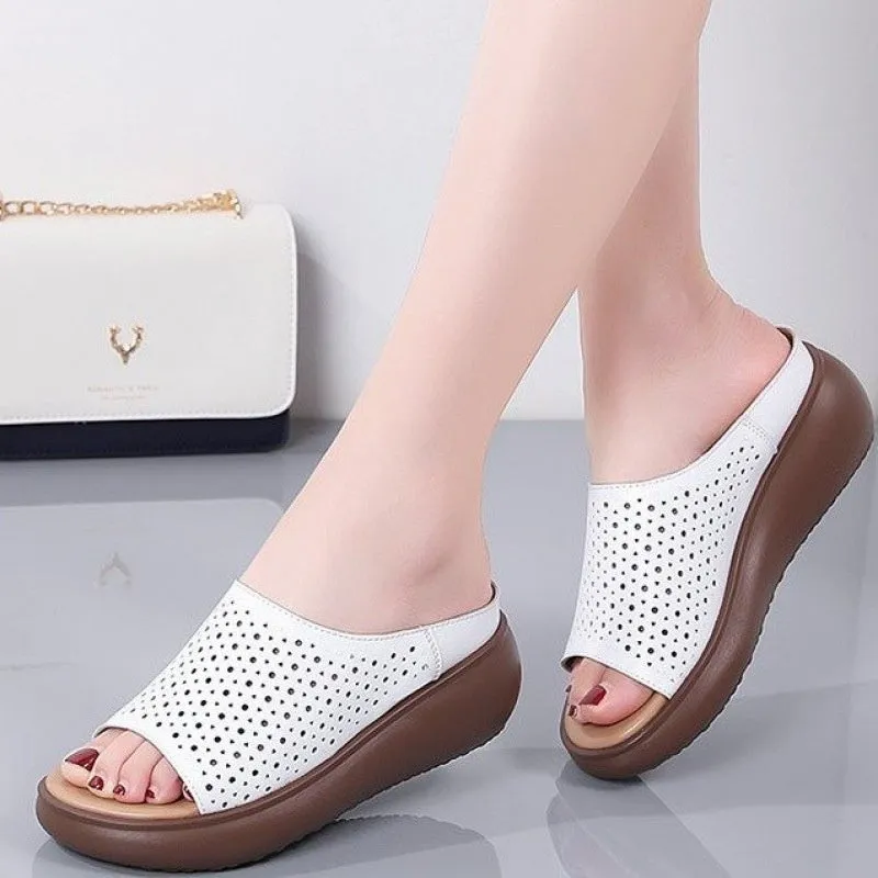 Women's peep toe rocking bottom platform heel slippers in beige with ethnic pattern, PU upper and rubber sole
