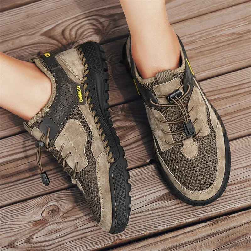 Men's brown suede tennis shoes with elastic closure and hand-stitched rubber soles