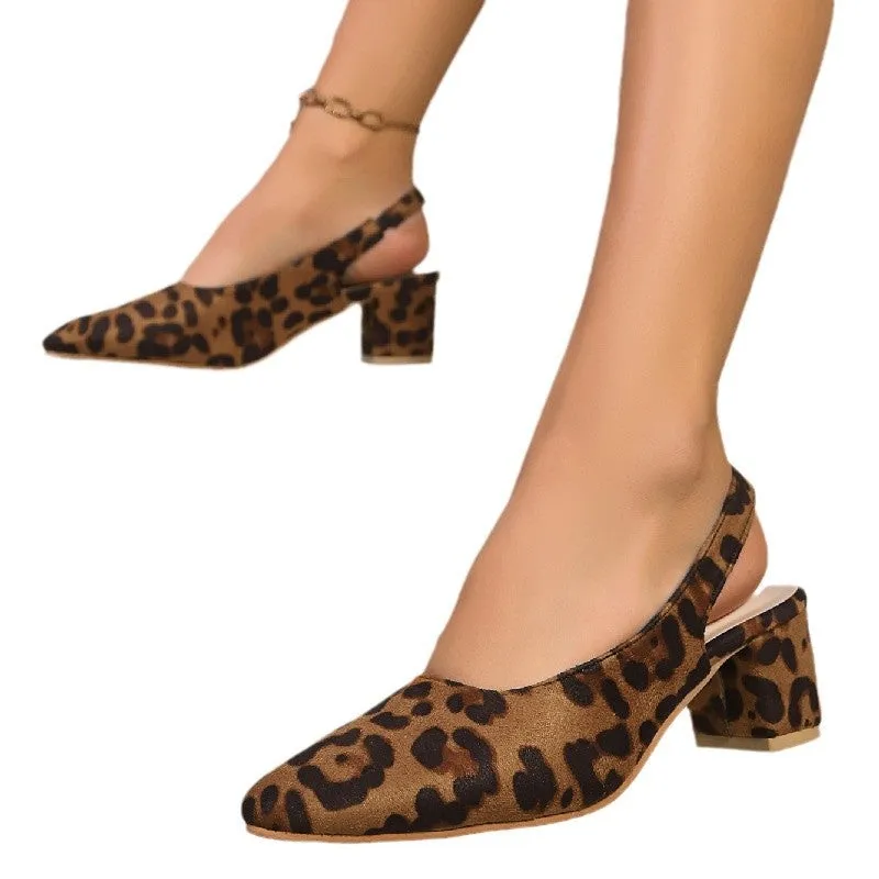Pointed toe leopard print women's high heel sandals with suede upper and mid heel 3-6cm