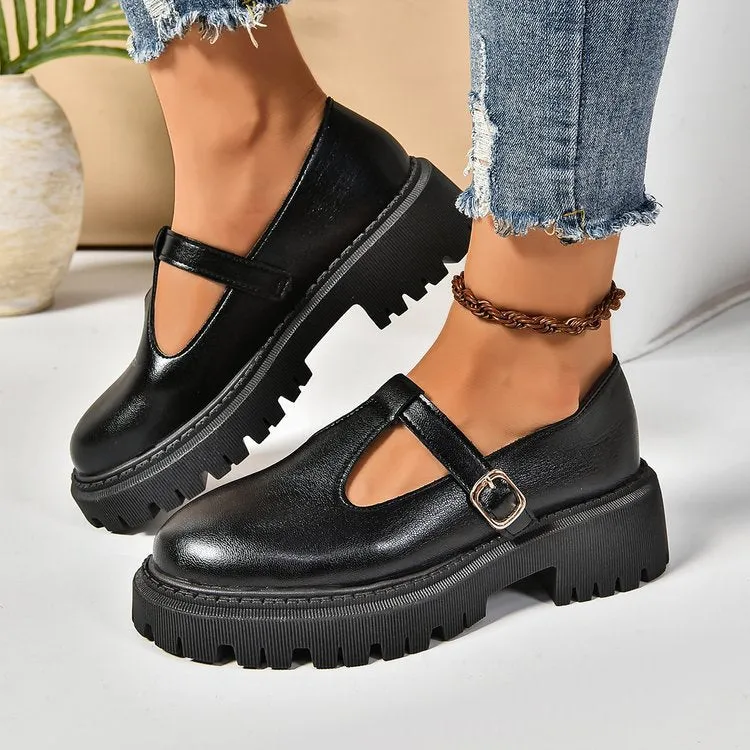 Women's casual PU buckle shoes with mid heel in wine red colour, round toe and buckle fastening