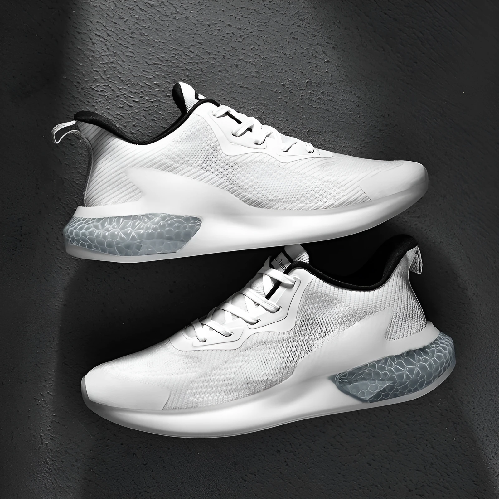 Popcorn breathable mesh running shoes in white black and green gray and orange colour options with round toe design