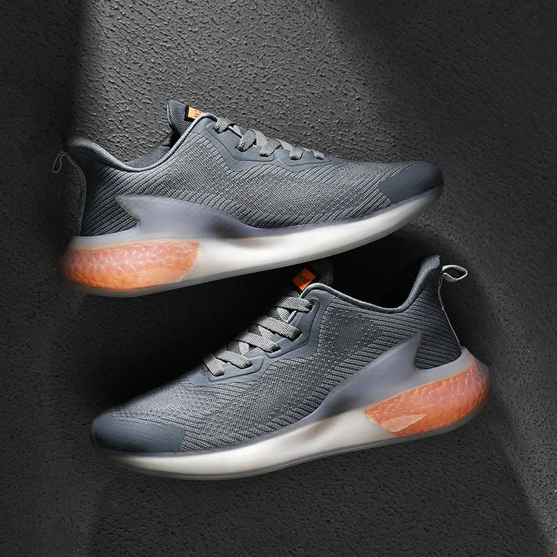 Popcorn breathable mesh running shoes in white black and green gray and orange colour options with round toe design