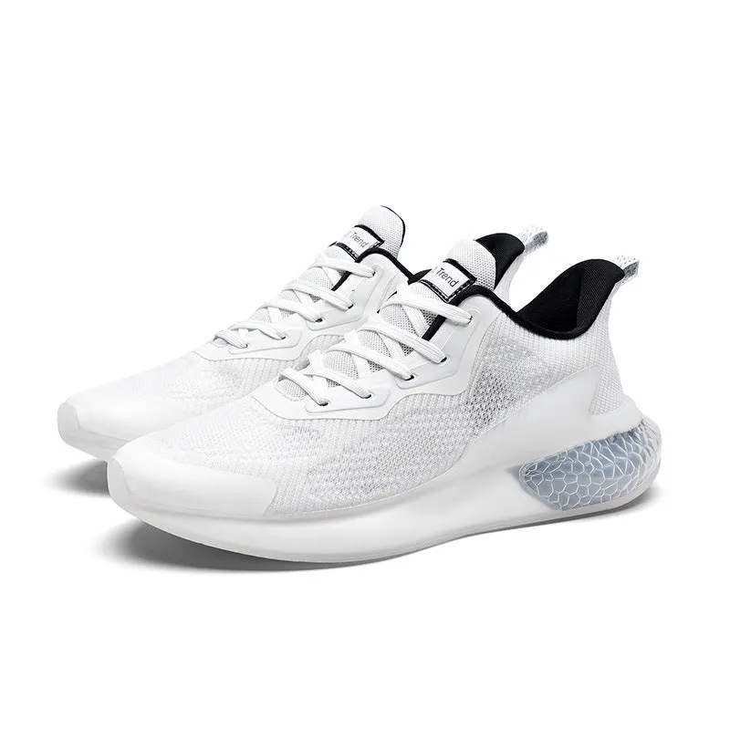 Popcorn breathable mesh running shoes in white black and green gray and orange colour options with round toe design