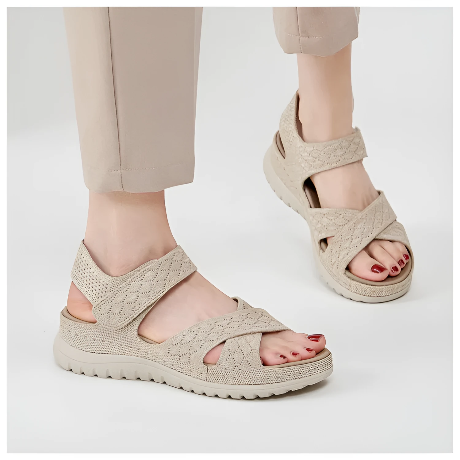 Plus size flat sandals in apricot with Flyknit upper, PVC sole, and Velcro strap.